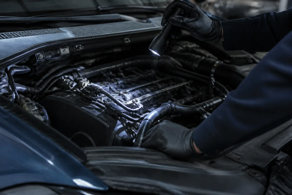 Capot ouvert d&rsquo;une voiture d&rsquo;occasion dans un atelier, mécanicien penché sur le compartiment moteur
