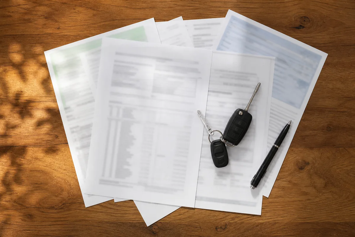 Documents de vente d&rsquo;un véhicule, certificat de cession et procès-verbal de contrôle technique posés sur une table