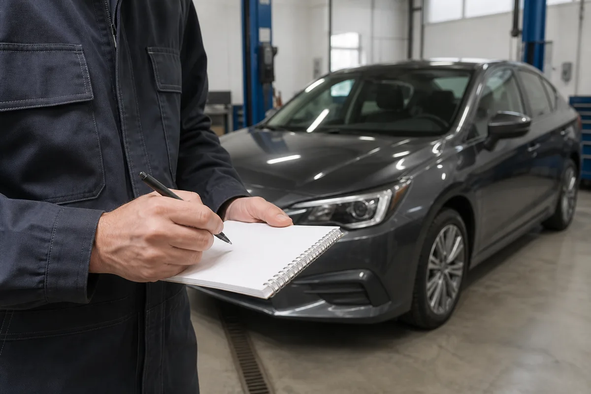 Mains d&rsquo;un expert automobile prenant des notes sur un bloc devant une voiture sur pont élévateur